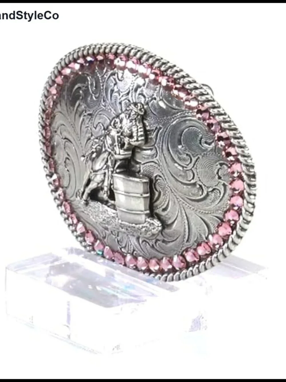 Girls Western Barrel Racer Belt Buckle with Pink Crystals